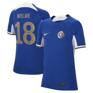 Chelsea Cup Nike Home Stadium Shirt 2023-24 - Kids with Mjelde 18 printing