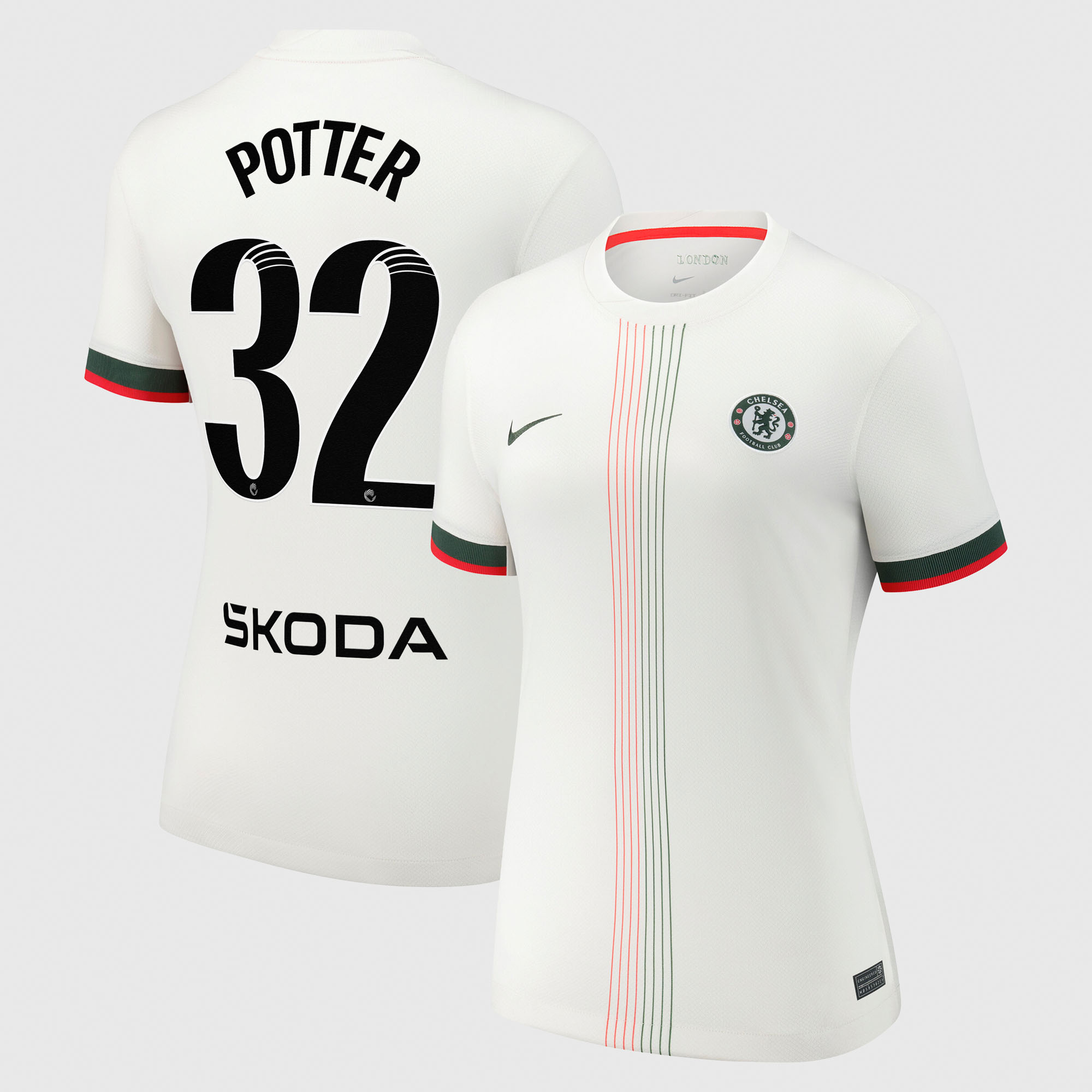 Chelsea WSL Nike Away Stadium Shirt 2025-26 - Womens with Potter 32 printing
