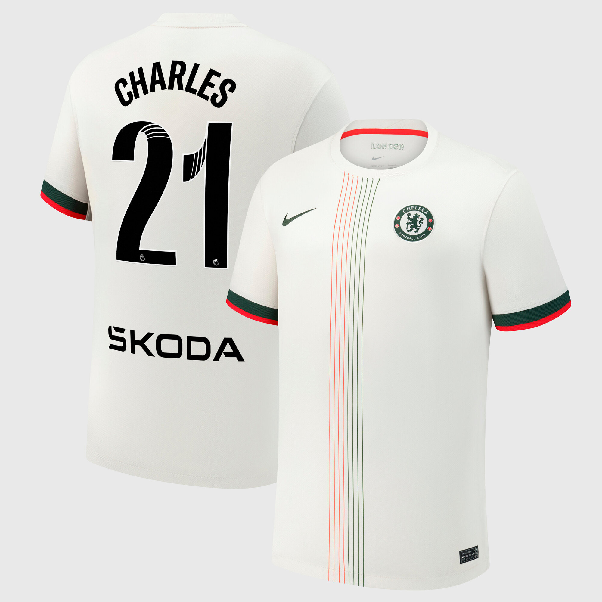 Chelsea WSL Nike Away Stadium Shirt 2025-26 with Charles 21 printing