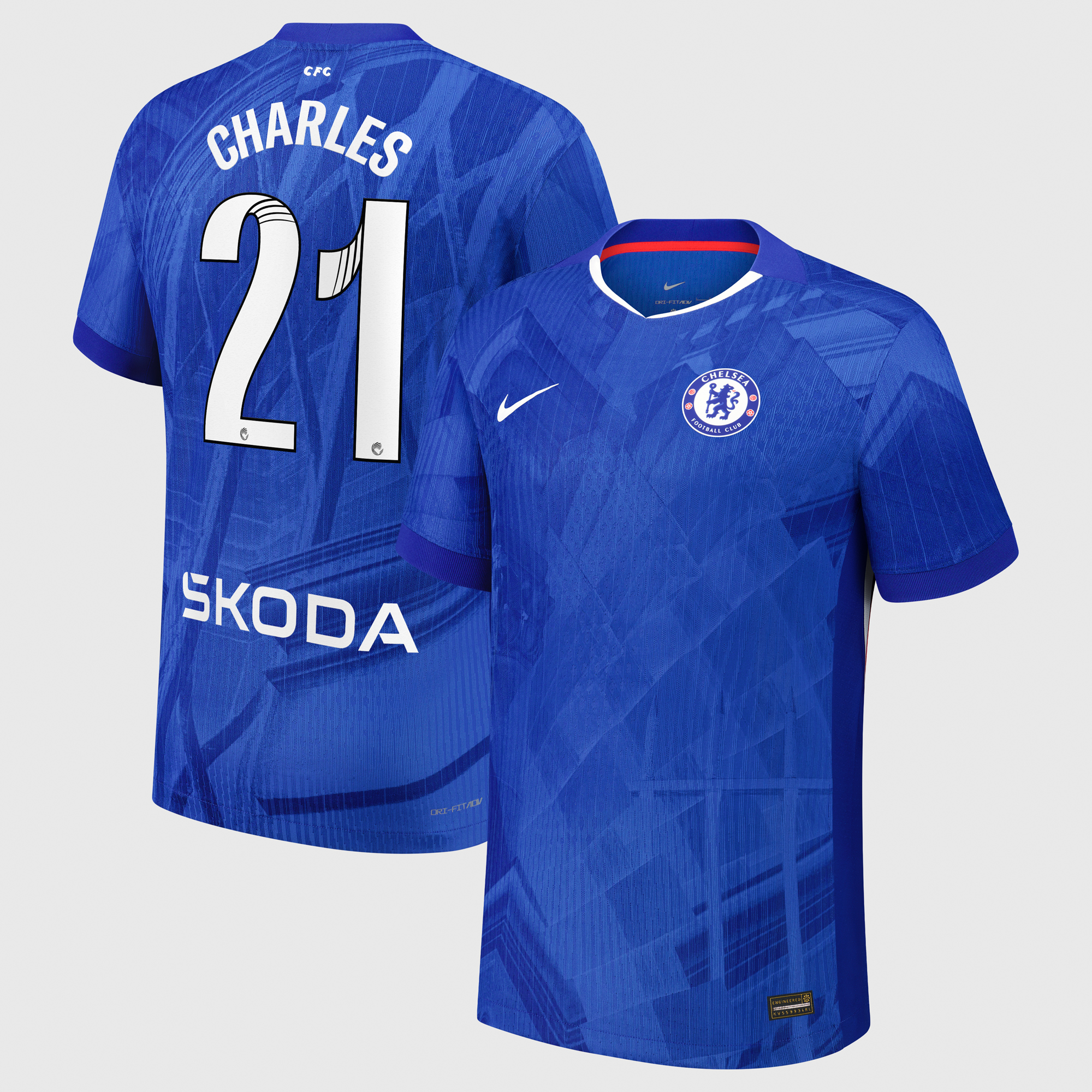 Chelsea WSL Nike Dri-FIT ADV Home Match Shirt 2025-26 with Charles 21 printing
