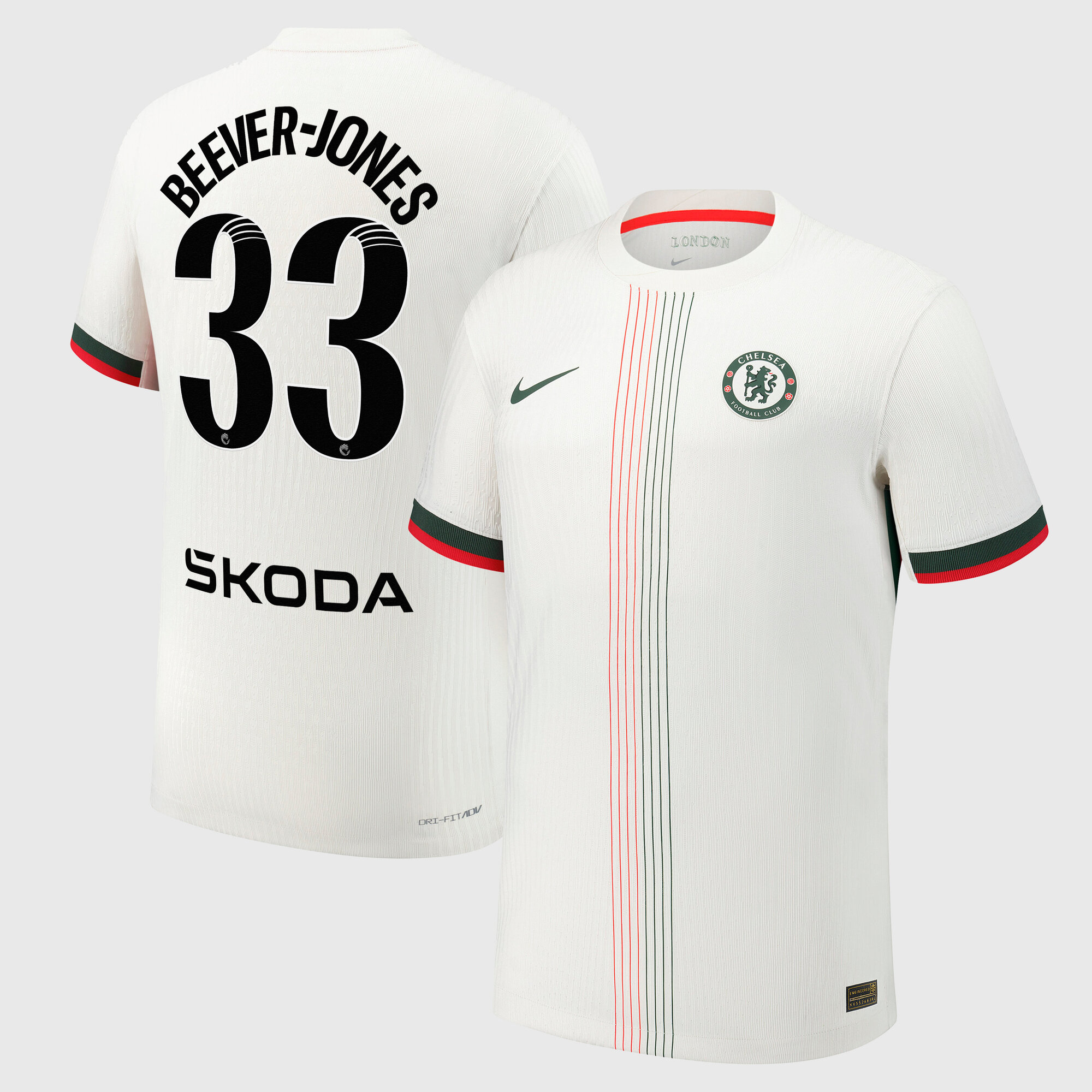 Chelsea WSL Nike Dri-Fit Adv Away Match Shirt 2025-26 with Beever-Jones 33 printing