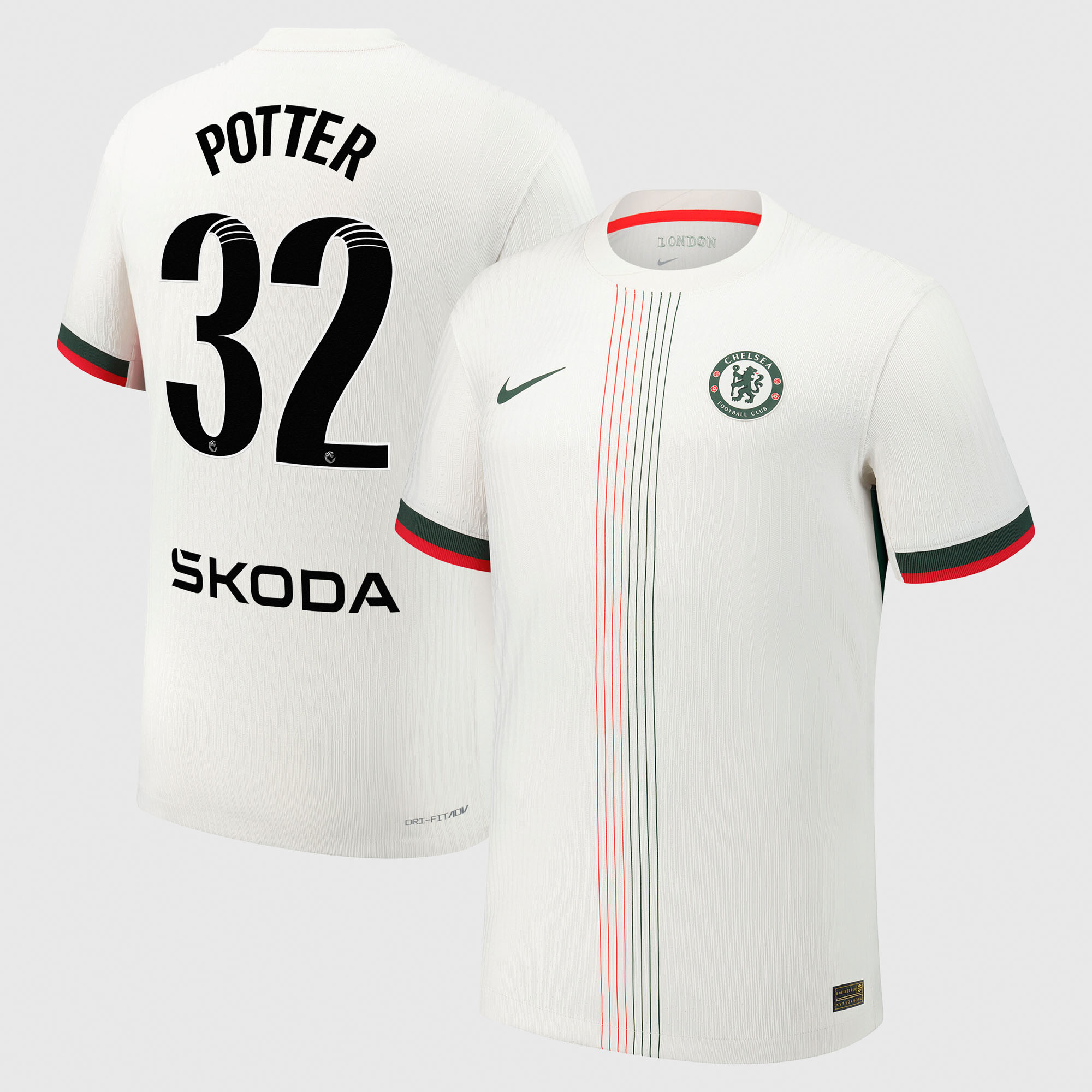 Chelsea WSL Nike Dri-Fit Adv Away Match Shirt 2025-26 with Potter 32 printing