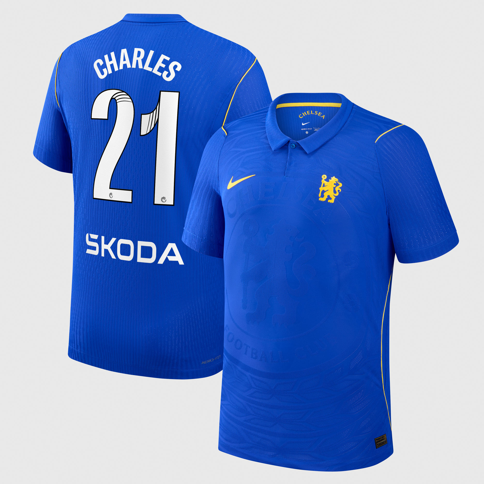 Chelsea WSL Nike Home Aero-FIT Match Shirt 2026-27 with Charles 21 printing