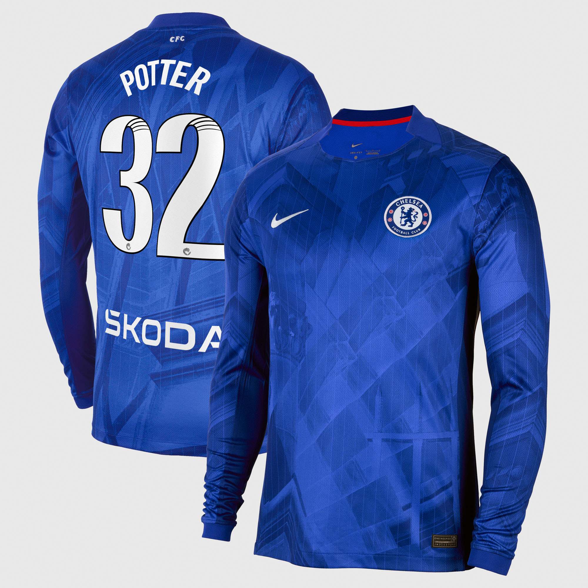 Chelsea WSL Nike Home Stadium Shirt 2025-26 - Long Sleeve with Potter 32 printing