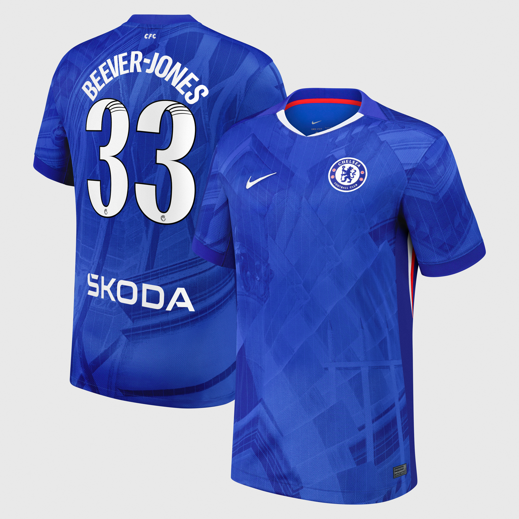 Chelsea WSL Nike Home Stadium Shirt 2025-26 with Beever-Jones 33 printing